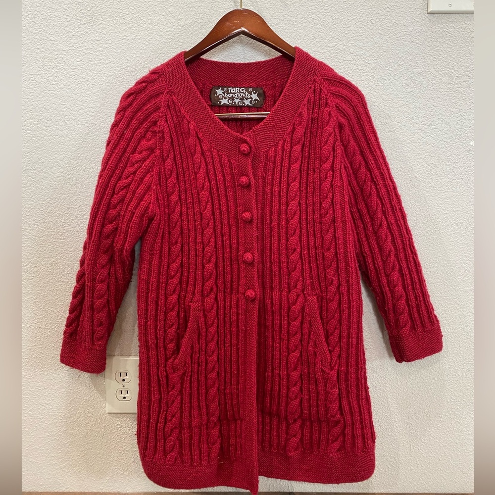 Tara Handknits Hand Spun 100% Wool Red Button Cardigan Sz Large